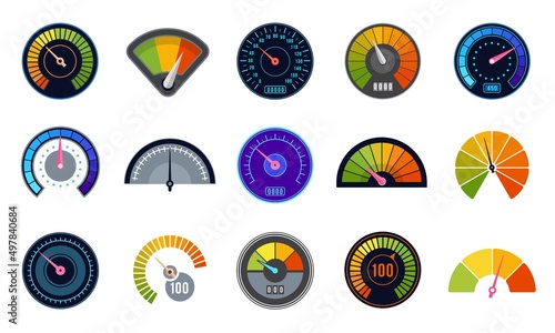 Speedometer set. Score measuring indicator with arrows and marks. Vector speed meter indicators