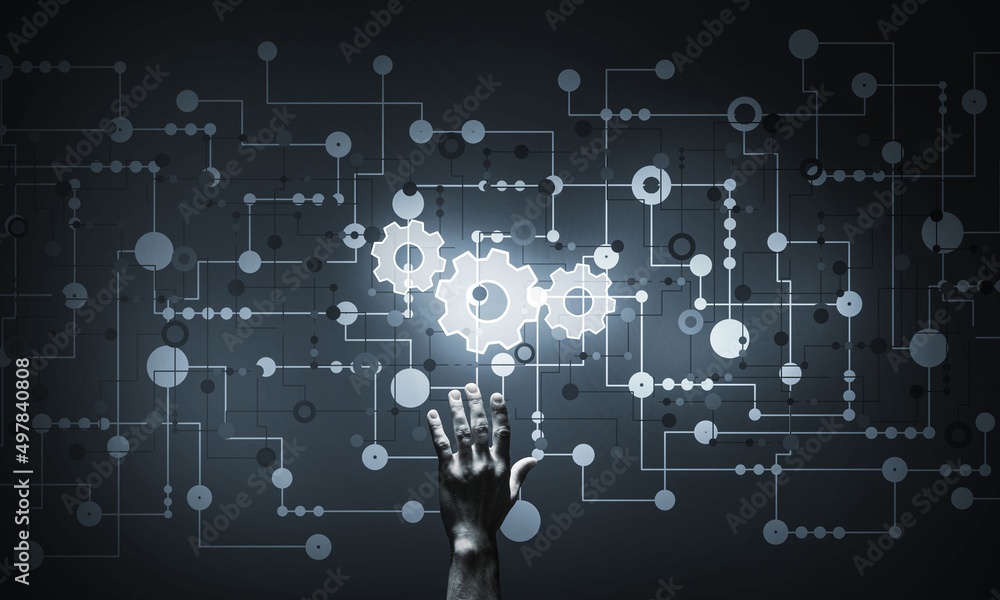 Technology conceptual image with gear digital symbol on dark background Technology conceptual image with gear digital symbol on dark background