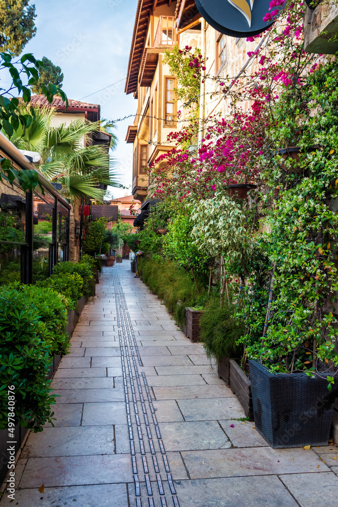 Antalya, Turkey. Houses in the Historical Distirict of Antalya Kaleici , Turkey. Old town of Antalya is a popular destination among tourists.