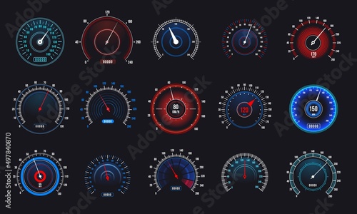 Car speedometers set. Speed measurement automobile indicator, futuristic display with counter and arrow. Vector set