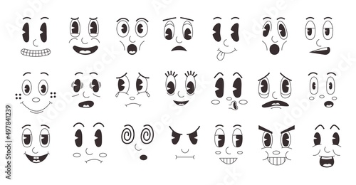 Cartoon retro faces. Doodle clip art funny emotions, old mascot face collection with comic smile. Vector set