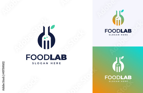 Food lab fork cutlery leaf green scientist vector logo design, Nature organic education food logo design
