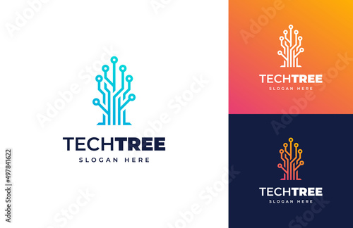 Tech tree wire chain circle connect circuit vector logo design, Modern green tech data system digital logo design