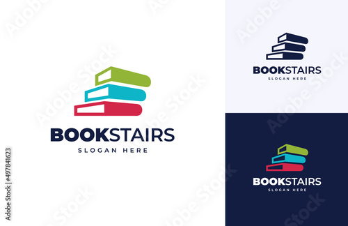 book stairs solution idea progress success education vector logo design, Stair stack book up step career school logo design