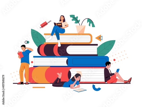 Students with books. Cartoon young people read books and study, self education concept