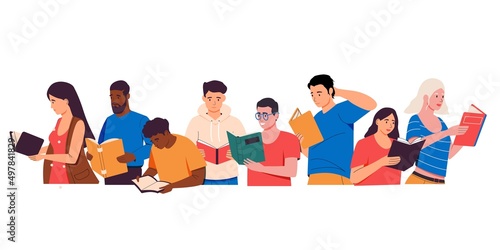 People group with books. Cartoon men and women holding and reading books, self-education concept