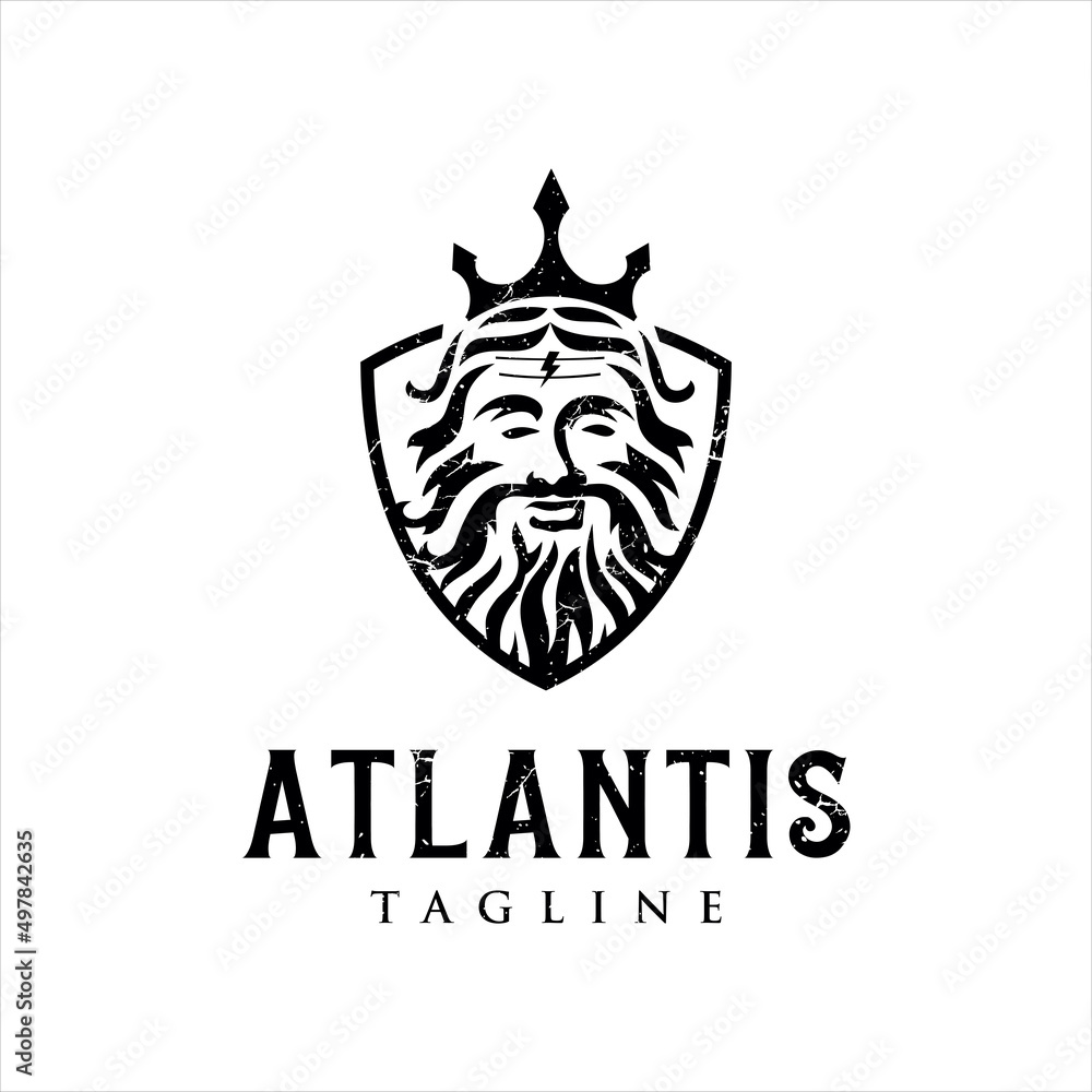 Shield Neptune logo design vector illustration Poseidon ocean silhouette. Human Sea Atlantis mascot Water Stock template
