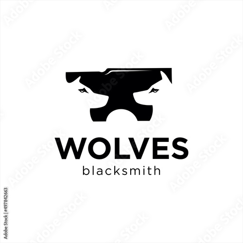 two wolves blacksmith logo design icon. Iron wolf Anvil Logo Design black silhouette
