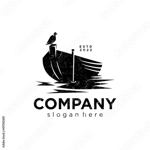 Row boat logo with paddle bird black silhouette. Wooden Boat logo vintage Vector Illustration on White Background. 