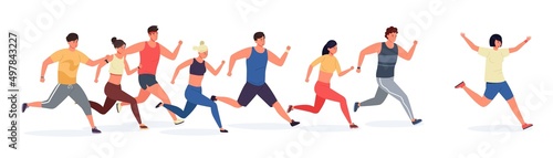 Cartoon runner. People in sport clothes running and jogging, sport athletic men and women on group training. Vector illustration