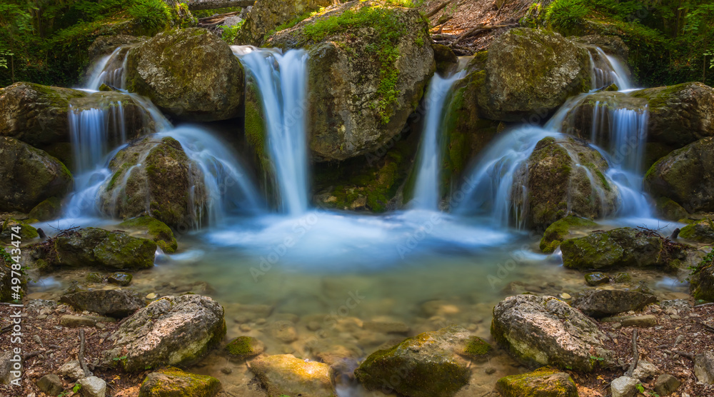 closeup small waterfall on mountain river, natural mountain canyon scene closeup small waterfall on mountain river, natural mountain canyon scene