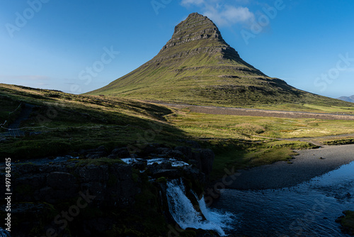 Beautiful aerial view of the Kirkjufell high mountain in Iceland, on the Snæfellsnes peninsula