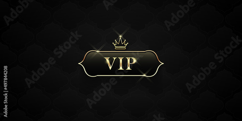 	
Vip black glass label with golden crown and frame on a black pattern background. Luxury template design. Vector illustration.