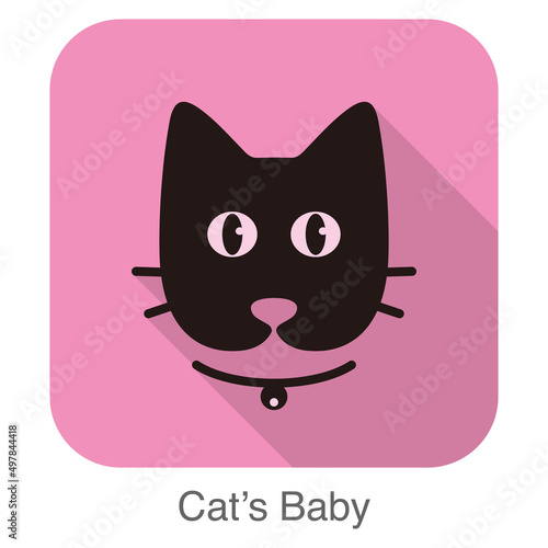 black cat cartoon face, flat animal face icon, vector illustration