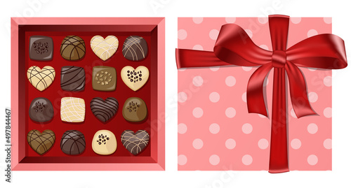 Vector festive top view coral gift open square box with red ribbon and bow and chocolates isolated on white background.