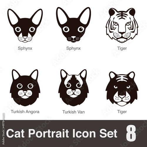 Cat breed face cartoon flat black icon series, vector illustration