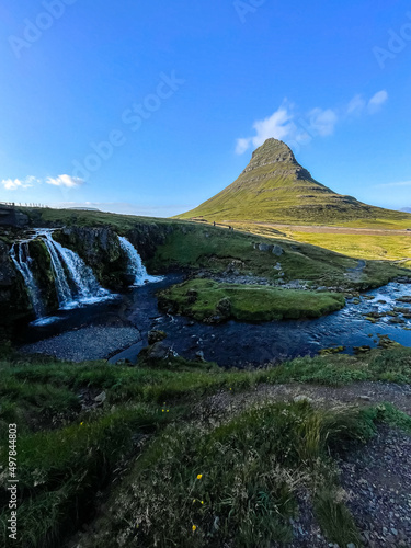 Beautiful aerial view of the Kirkjufell high mountain in Iceland, on the Snæfellsnes peninsula