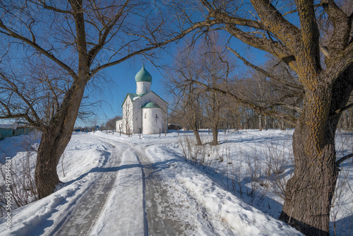 View of the ancient Old Believer church of St. John the Theologian on a sunny March day. Veliky Novgorod, Russia