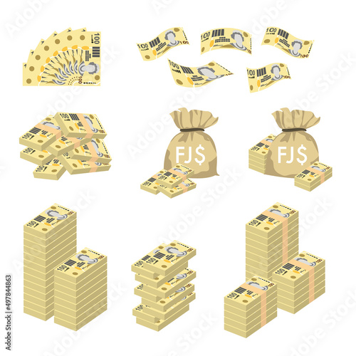 Fiji Dollar Vector Illustration. Huge packs of Fiji money set bundle banknotes. Bundle with cash bills. Deposit, wealth, accumulation and inheritance. Falling money 100 FJD