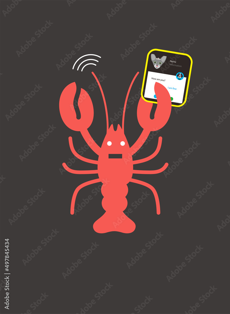 Portrait of lobster, holding smart phone, cool style Portrait of lobster, holding smart phone, cool style