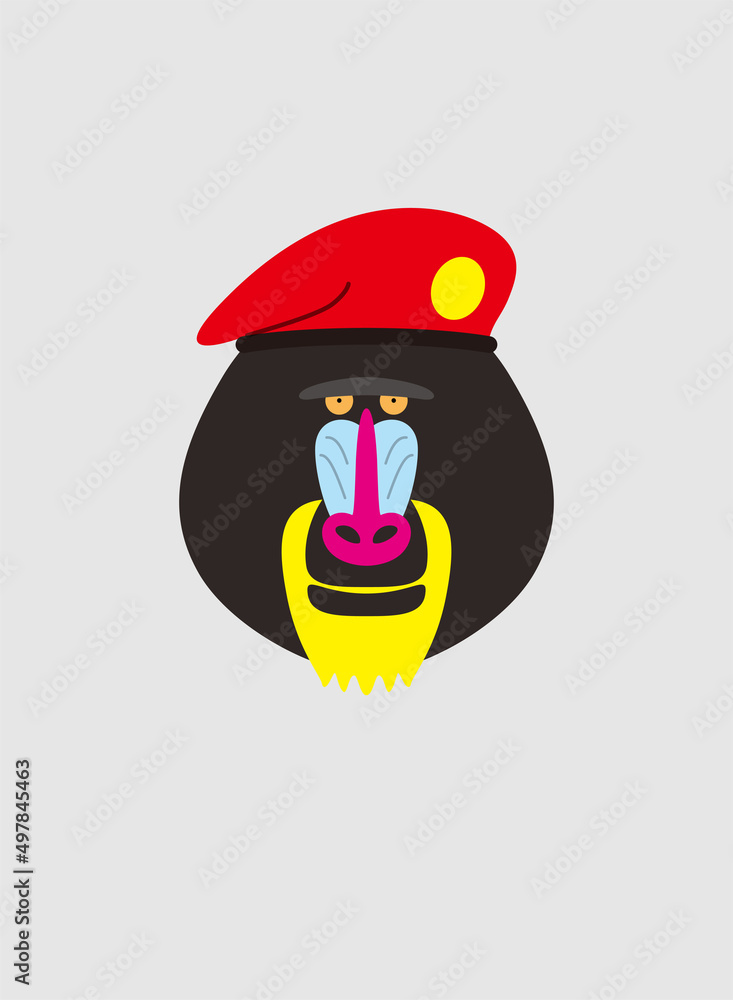 Portrait of mandrill, wearing beret, like soldier, cool style