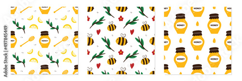 Set, collection of three vector seamless pattern backgrounds with bees and honey.
