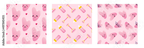 Set, collection of three vector seamless pattern backgrounds with funny rose quartz gua sha beauty tool characters.