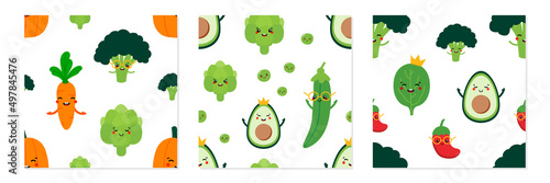 Set, collection of three vector seamless pattern backgrounds with cute cartoon style vegetable characters for food and harvest design.

