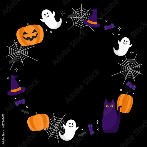 ハロウィン　かわいいオバケやカボチャの丸フレーム素材（黒背景）