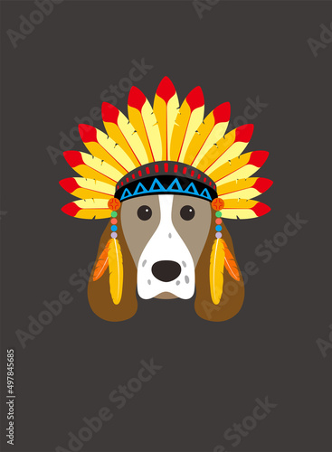 Portrait of dog, wearing hat, like an Indian, cool style, cosplay