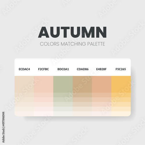 An autumn color palette or color schemes are trends combinations and palette guides this year, such as table color shades in RGB or  HEX. A color swatch for an autumn fashion, home, or interior design