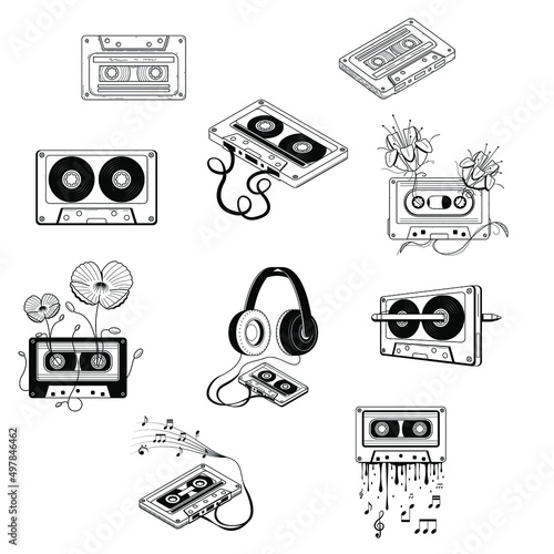 Set Abstract Collection Hand Drawn Classic Tape Old Cassette Doodle Concept Vector Design Outline Style On White Background Isolated Outline Music, Sound, Audio, Relax