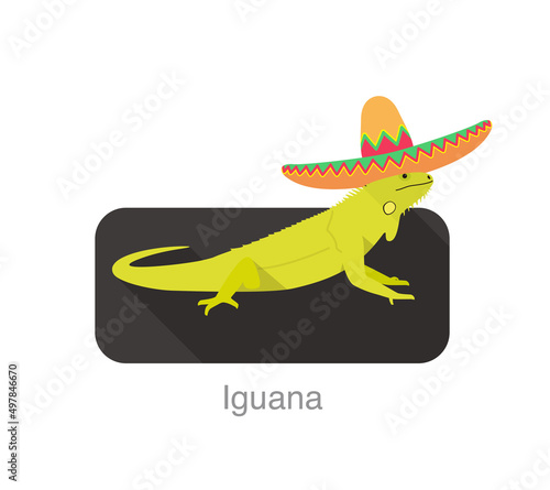 Iguana searing Mexico straw hat, vector illustration