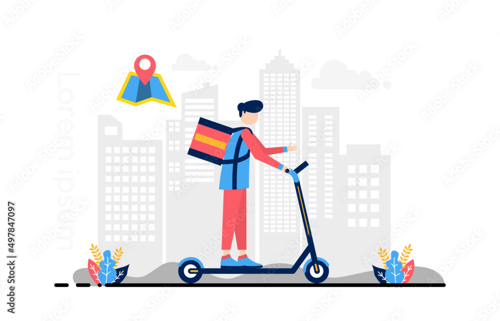 Flat illustration courier scooter man with city background