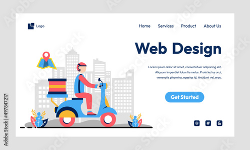 Flat illustration courier scooter man with city background