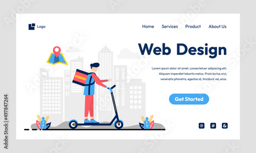 Flat illustration scooter man with city background