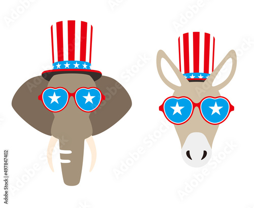 Democrat Donkey and Republican Elephant flat vector illustration