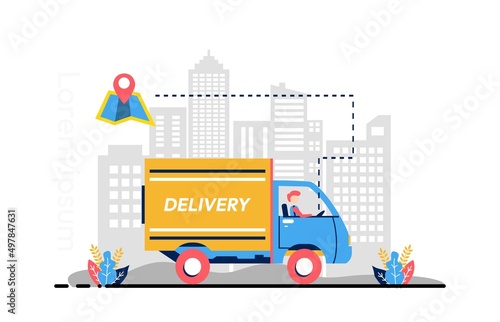 Flat illustration courier truck man with city background