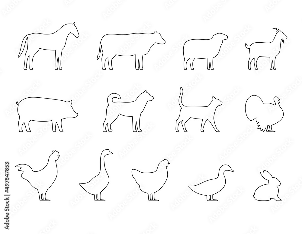 Livestock, Farm animals and their kids, black icons set, vector illustration Livestock, Farm animals and their kids, black icons set, vector illustration