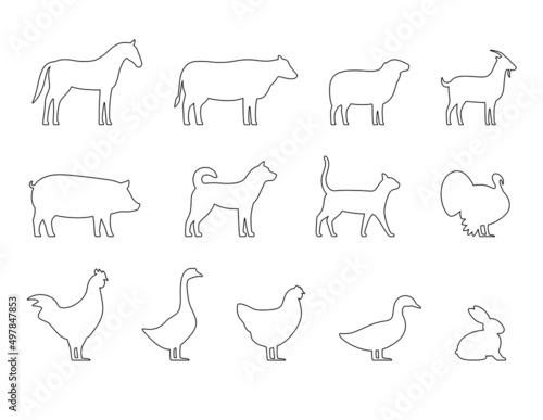 Livestock, Farm animals and their kids, black icons set, vector illustration