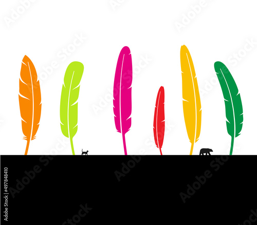 feather tree with cat and bear, vector illustration