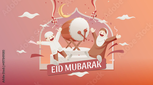 Eid Mubarak Ilustration With Muslim Man and Woman in Front of Islamic Drum and Ketupat