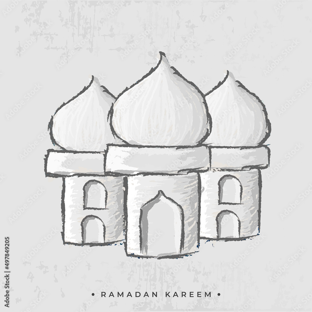 Ramadan Kareem Celebration Concept With Hand Drawn Sketch Mosque On Gray Grunge Background.