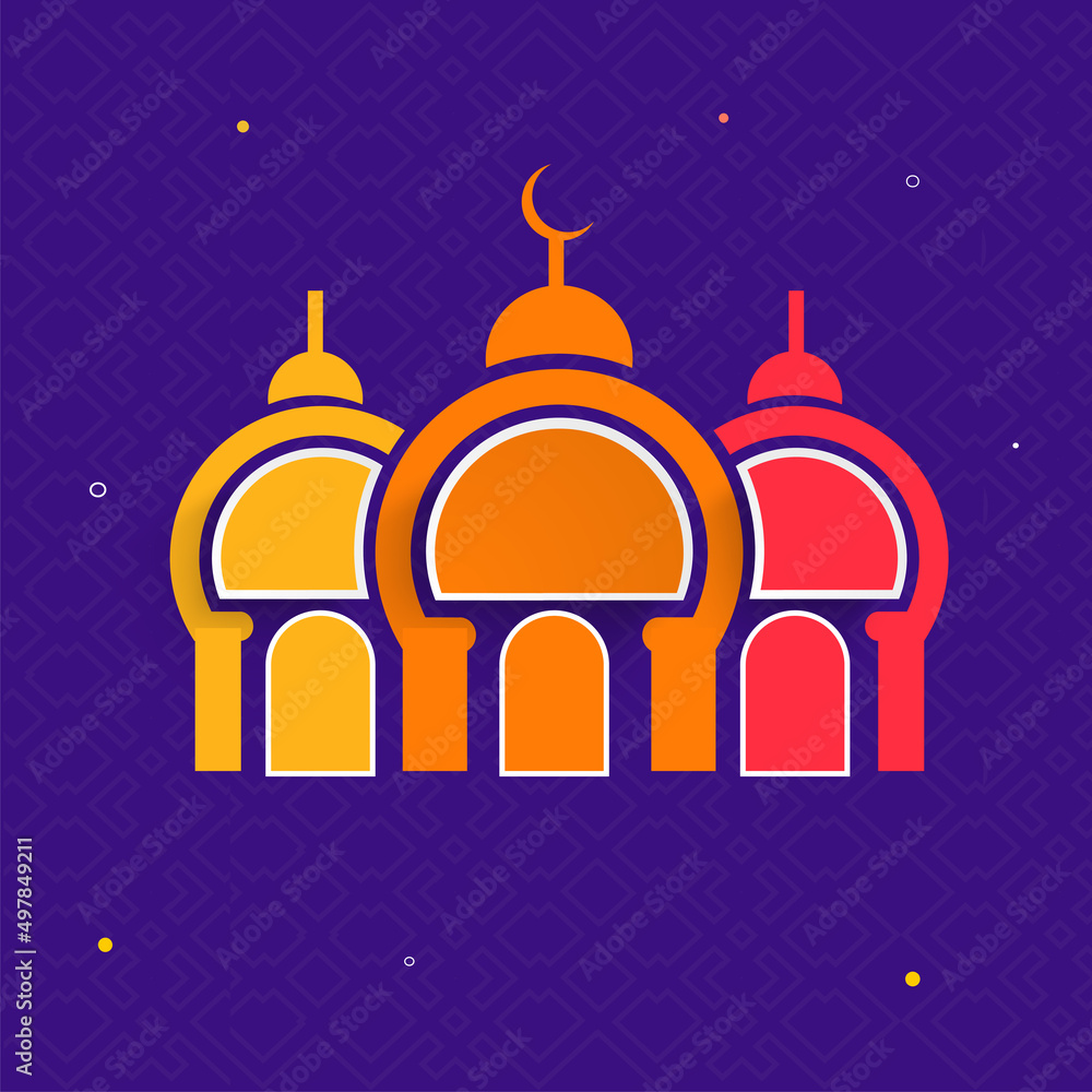 Muslim Community Festival Concept With Creative Mosque And Space For Text Message On Purple Arabic Geometric Pattern Background.