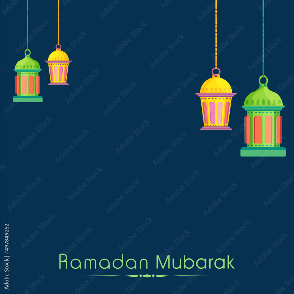 Ramadan Mubarak Concept With Glossy Arabic Lanterns Hang On Blue Background.