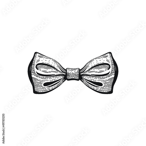 Bow tie hand drawn sketch, black outline ink art. Elegant gentleman neck accessory, dress code tiebow. Graphic silhouette line necktie with knot. Vector illustration isolated on white background. photo