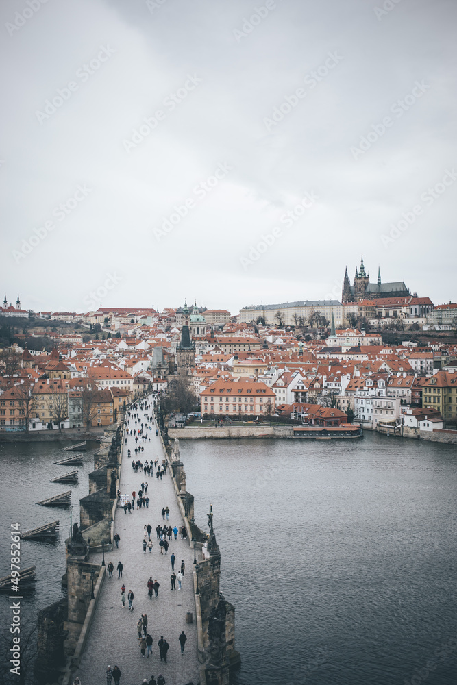charles bridge and Prague castle viewed from a tower 