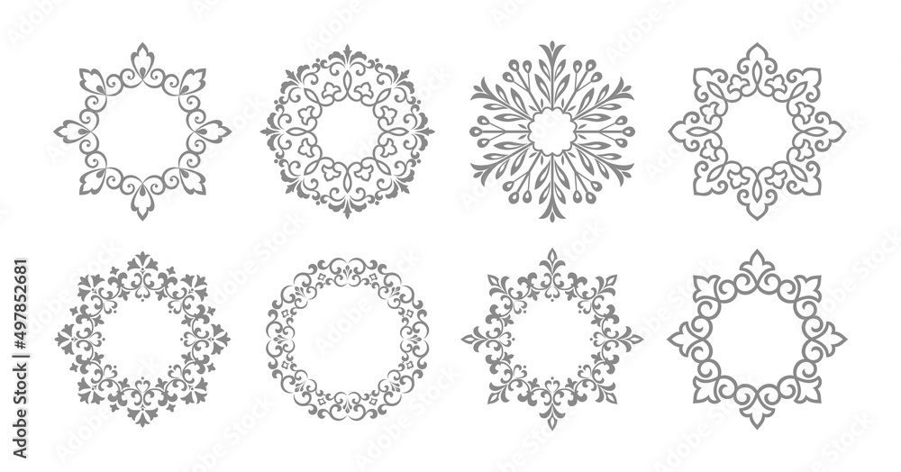 Set of decorative frames Elegant vector element for design in Eastern style, place for text. Floral gray and white borders. Lace illustration for invitations and greeting cards Set of decorative frames Elegant vector element for design in Eastern style, place for text. Floral gray and white borders. Lace illustration for invitations and greeting cards