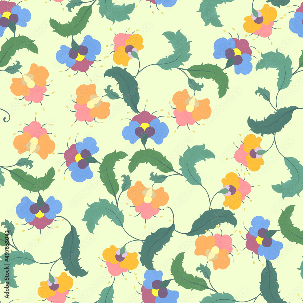 Figured flowers in folklore style. Bright flowers and leaves with scrolls. Watercolor seamless pattern on a delicate yellow-green background.