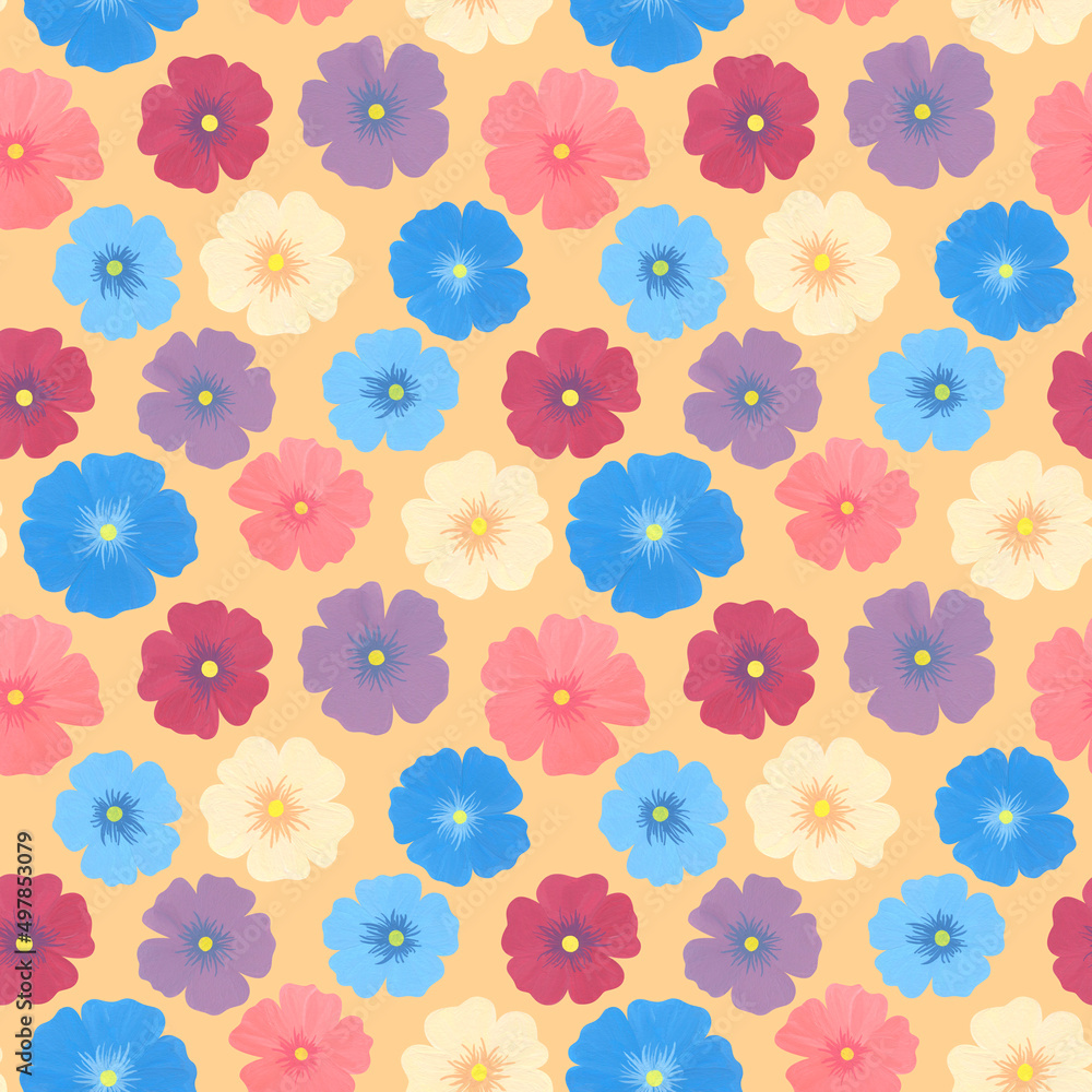 Spring bright flowers in a naive style. A light, relaxed children's drawing. Watercolor seamless pattern on yellow background.